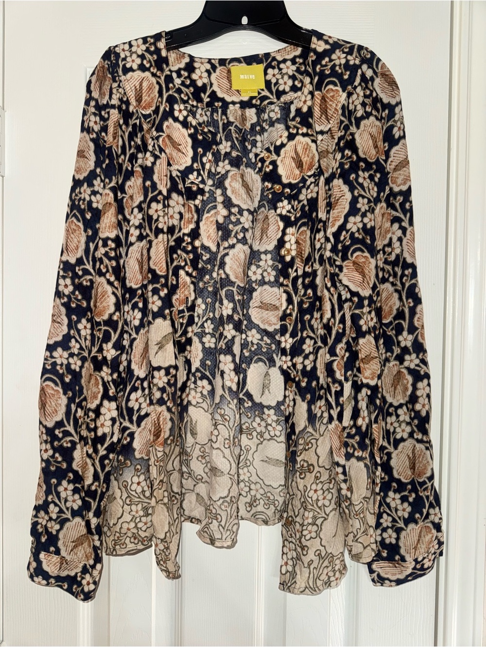 Maeve Floral Button-Front Long Sleeve Blouse - Navy & Beige